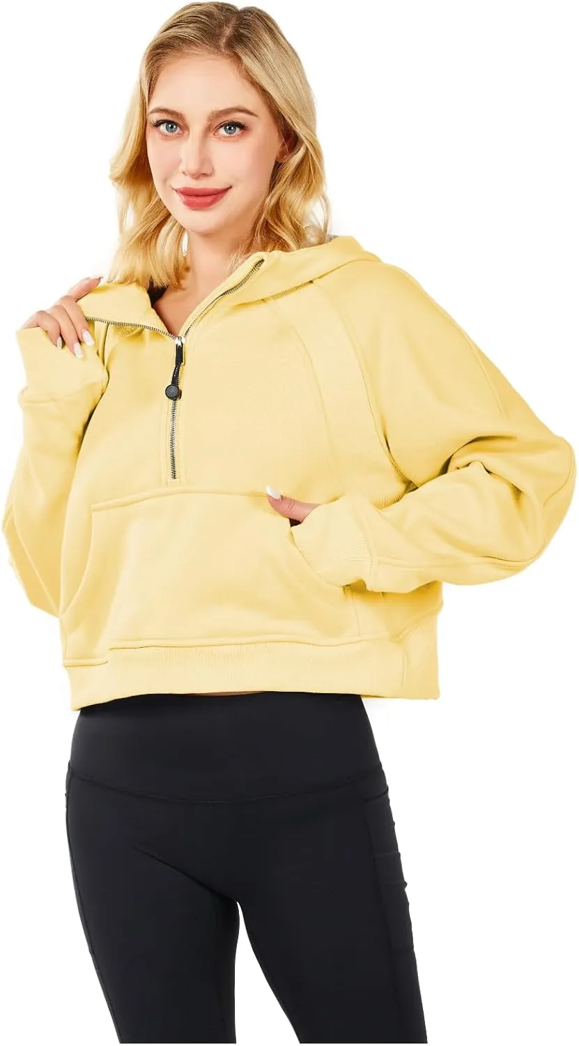 Womens Hoodies Oversized Sweatshirts Half Zip Pullover Cropped Long Sleeve Spring Fall Outfits Thumb Hole