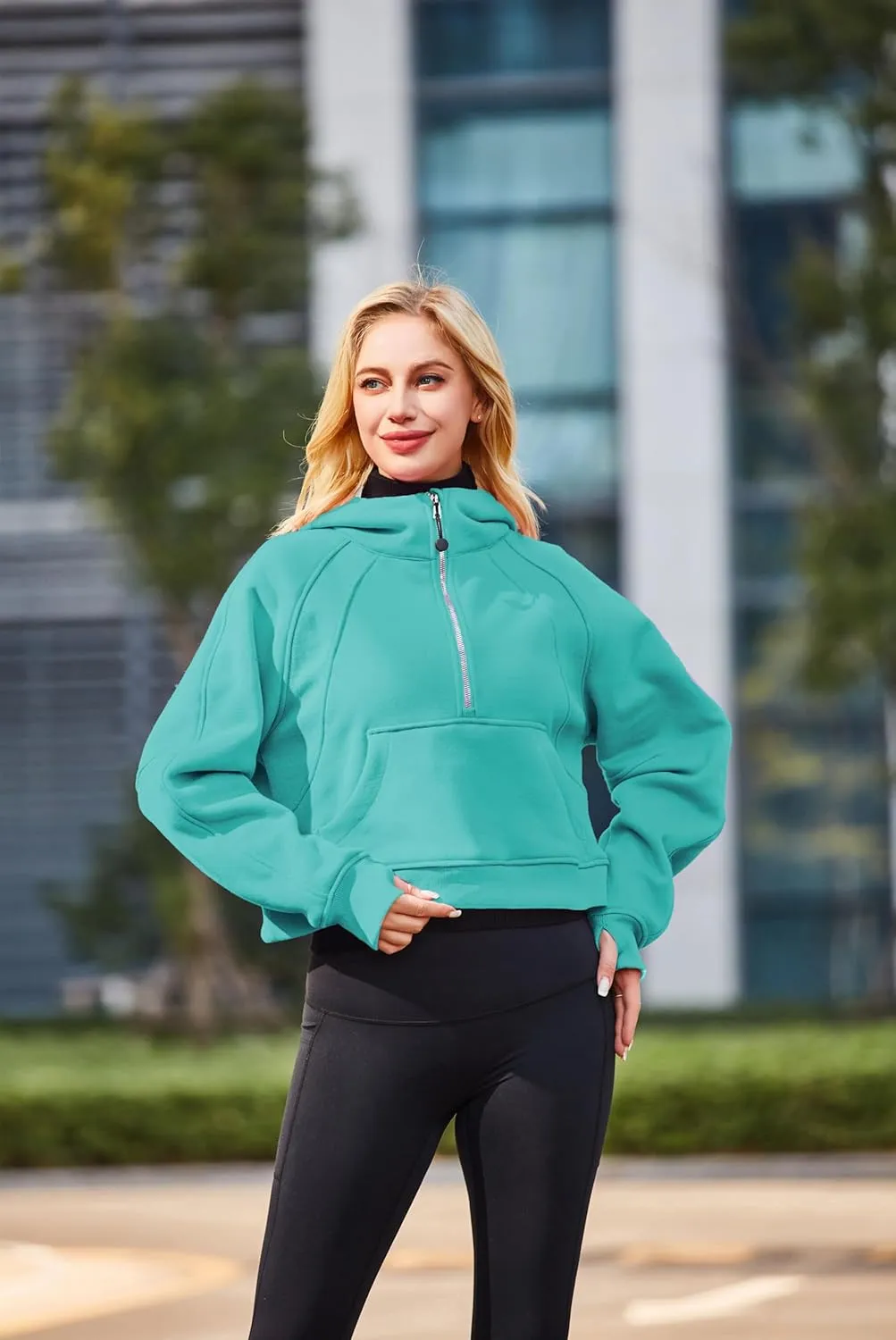 Womens Hoodies Oversized Sweatshirts Half Zip Pullover Cropped Long Sleeve Spring Fall Outfits Thumb Hole