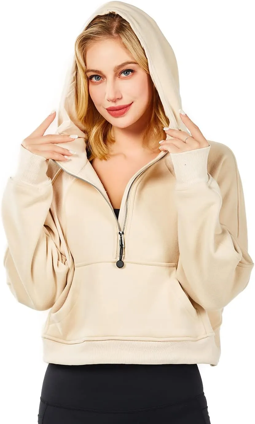Womens Hoodies Oversized Sweatshirts Half Zip Pullover Cropped Long Sleeve Spring Fall Outfits Thumb Hole