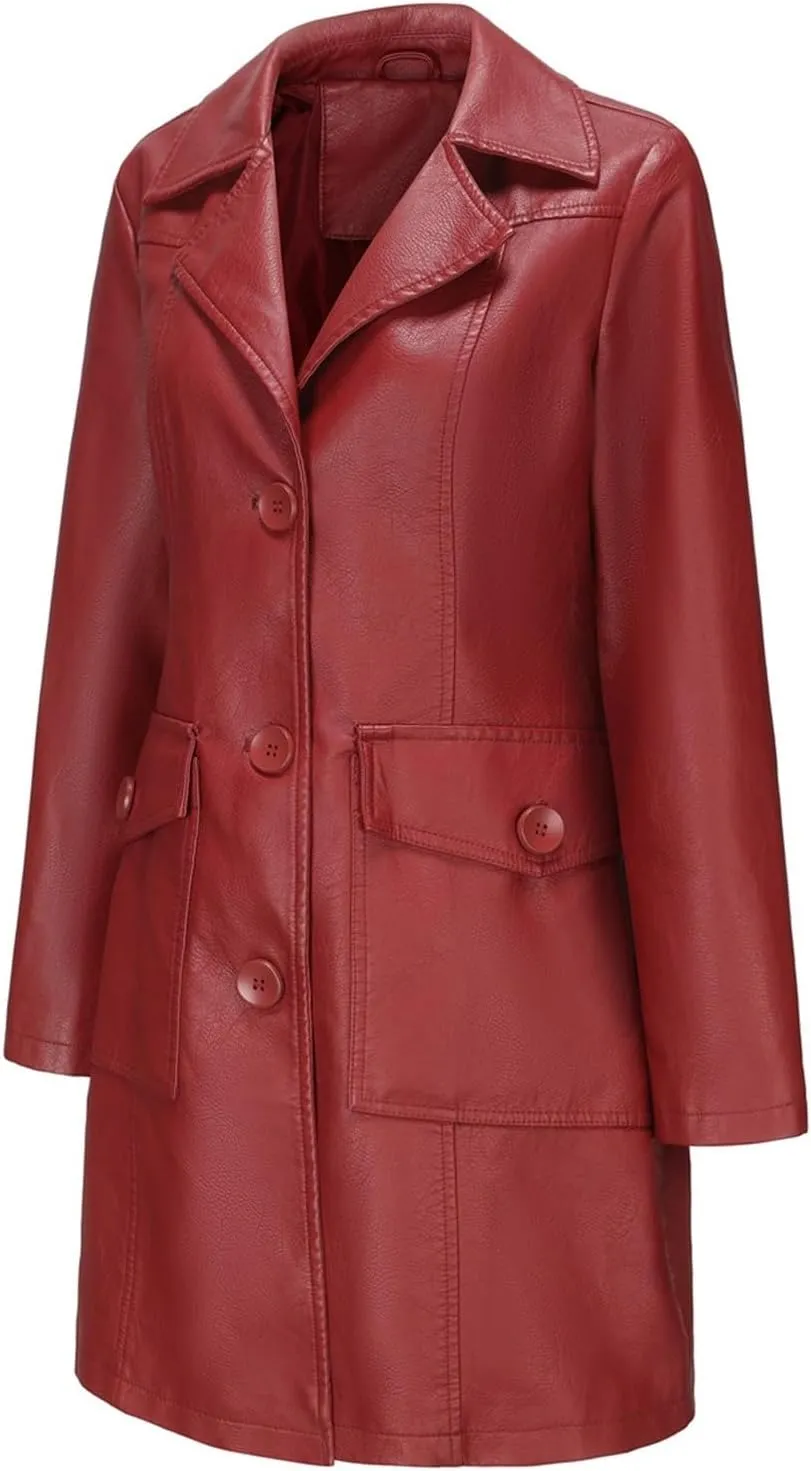 Women's Lapel Leather Jacket Fashion Solid Colour Long-sleeved -breasted Medium-Length Coat Fall Winter Warm