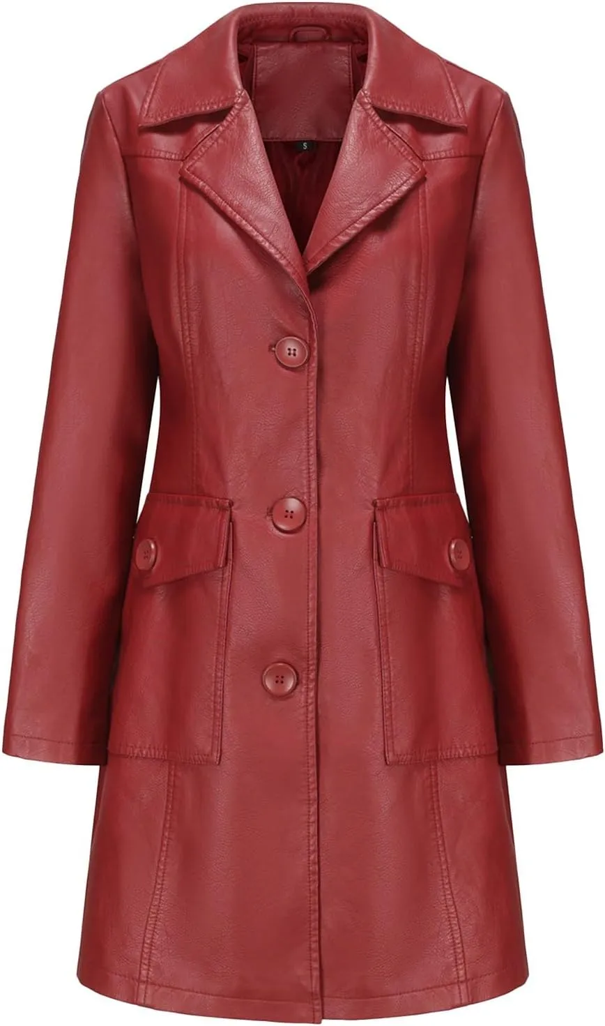Women's Lapel Leather Jacket Fashion Solid Colour Long-sleeved -breasted Medium-Length Coat Fall Winter Warm