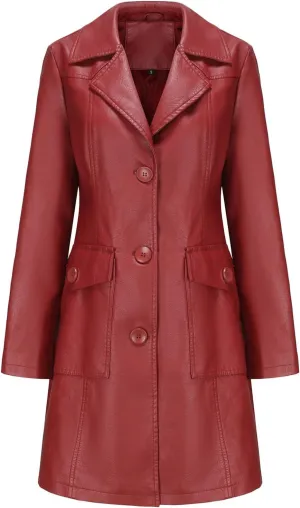 Women's Lapel Leather Jacket Fashion Solid Colour Long-sleeved -breasted Medium-Length Coat Fall Winter Warm