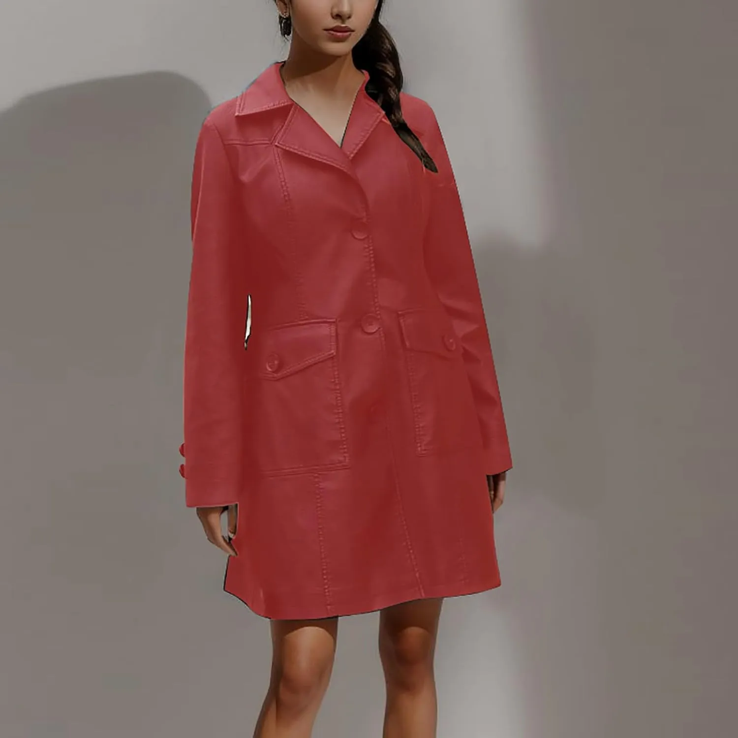 Women's Lapel Leather Jacket Fashion Solid Colour Long-sleeved -breasted Medium-Length Coat Fall Winter Warm