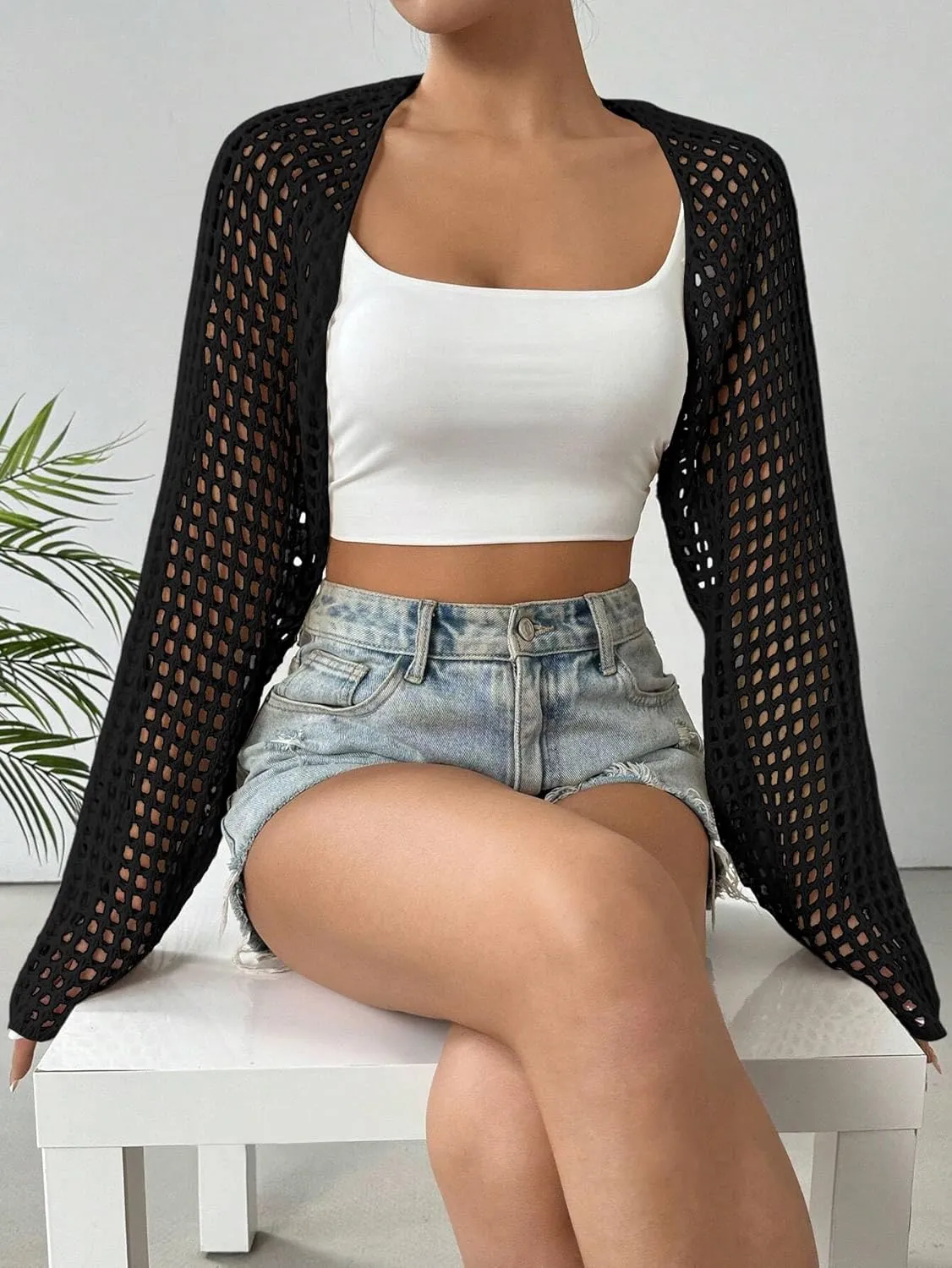Women's Lightweight Crop Cardigan Crochet Knit Long Sleeve Bolero Shrug Sweater