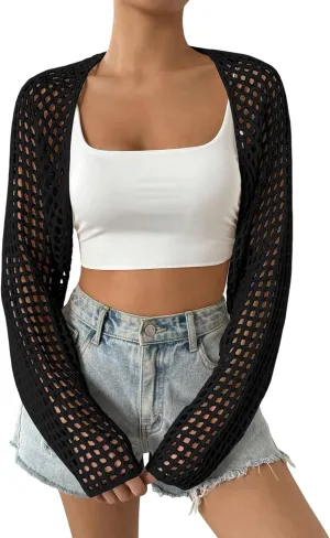 Women's Lightweight Crop Cardigan Crochet Knit Long Sleeve Bolero Shrug Sweater