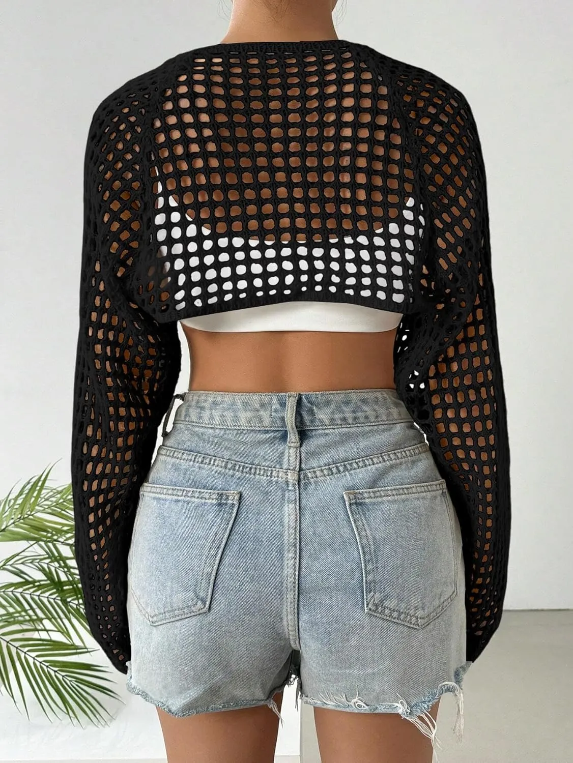 Women's Lightweight Crop Cardigan Crochet Knit Long Sleeve Bolero Shrug Sweater