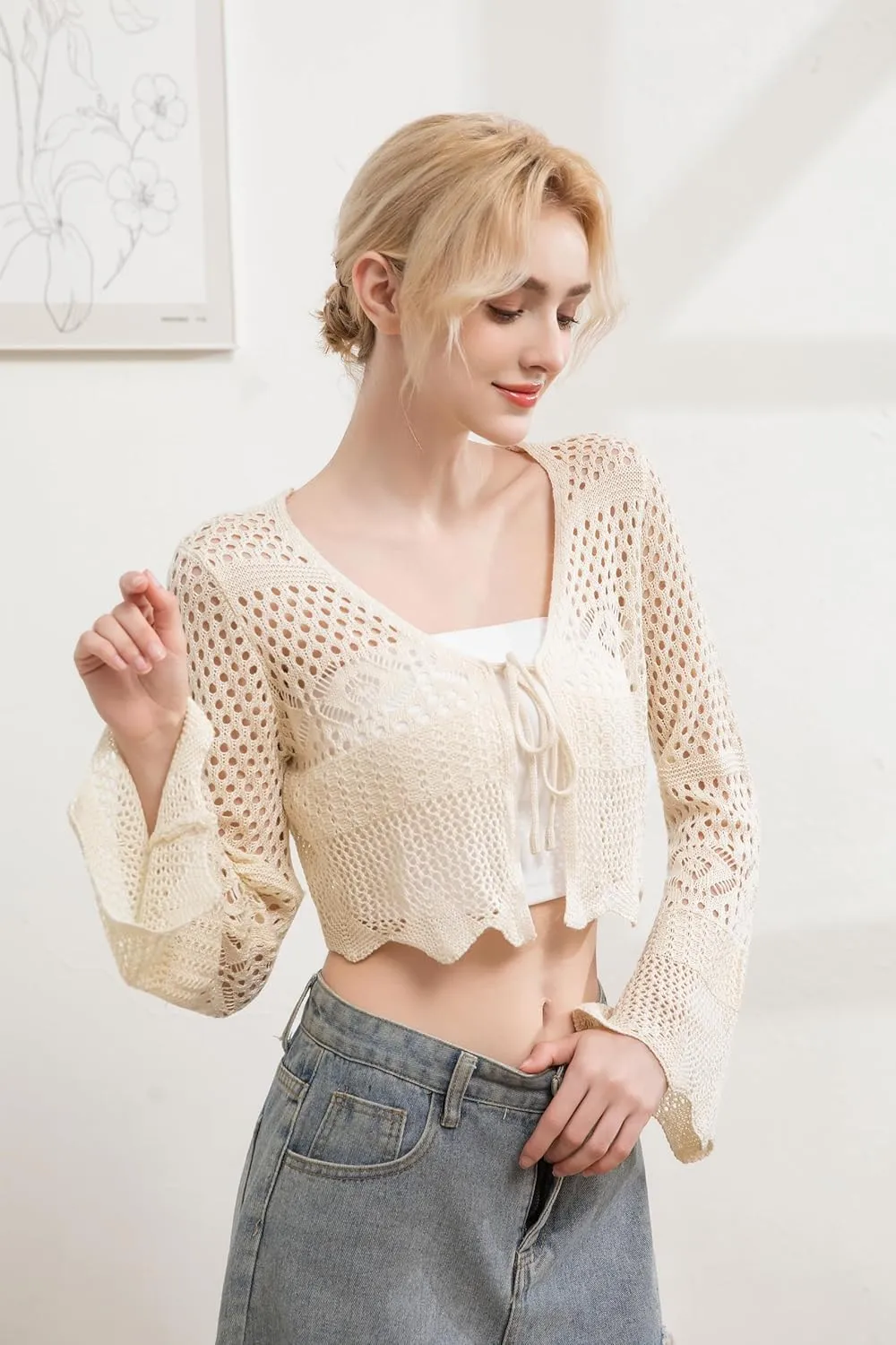 Women's Lightweight Summer V-Neck Tie Front Cropped Cardigan Bell Long Sleeve Crochet Knit Open Front Top