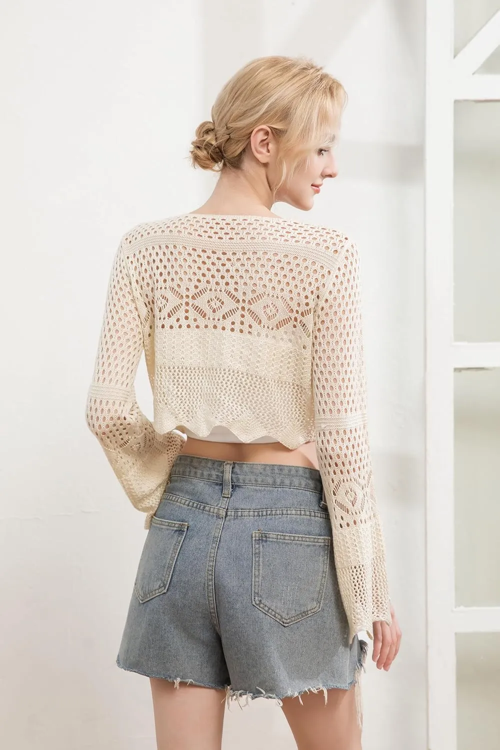 Women's Lightweight Summer V-Neck Tie Front Cropped Cardigan Bell Long Sleeve Crochet Knit Open Front Top
