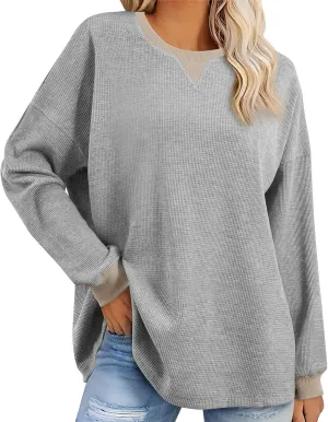 Womens Long Sleeve Crewneck Sweatshirt Trendy 2024 Casual Waffle Knit Pullover Tops Oversized Fall Sweatshirts