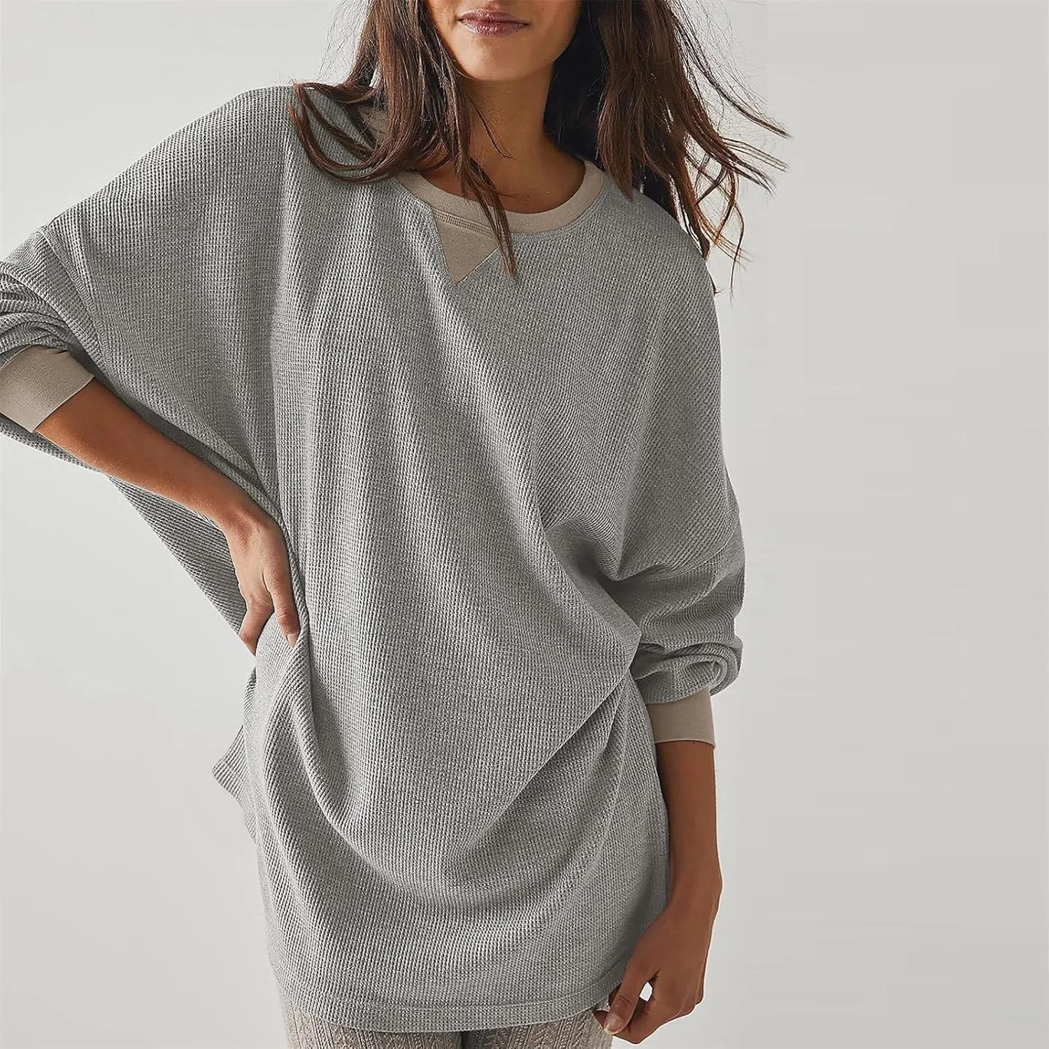 Womens Long Sleeve Crewneck Sweatshirt Trendy 2024 Casual Waffle Knit Pullover Tops Oversized Fall Sweatshirts