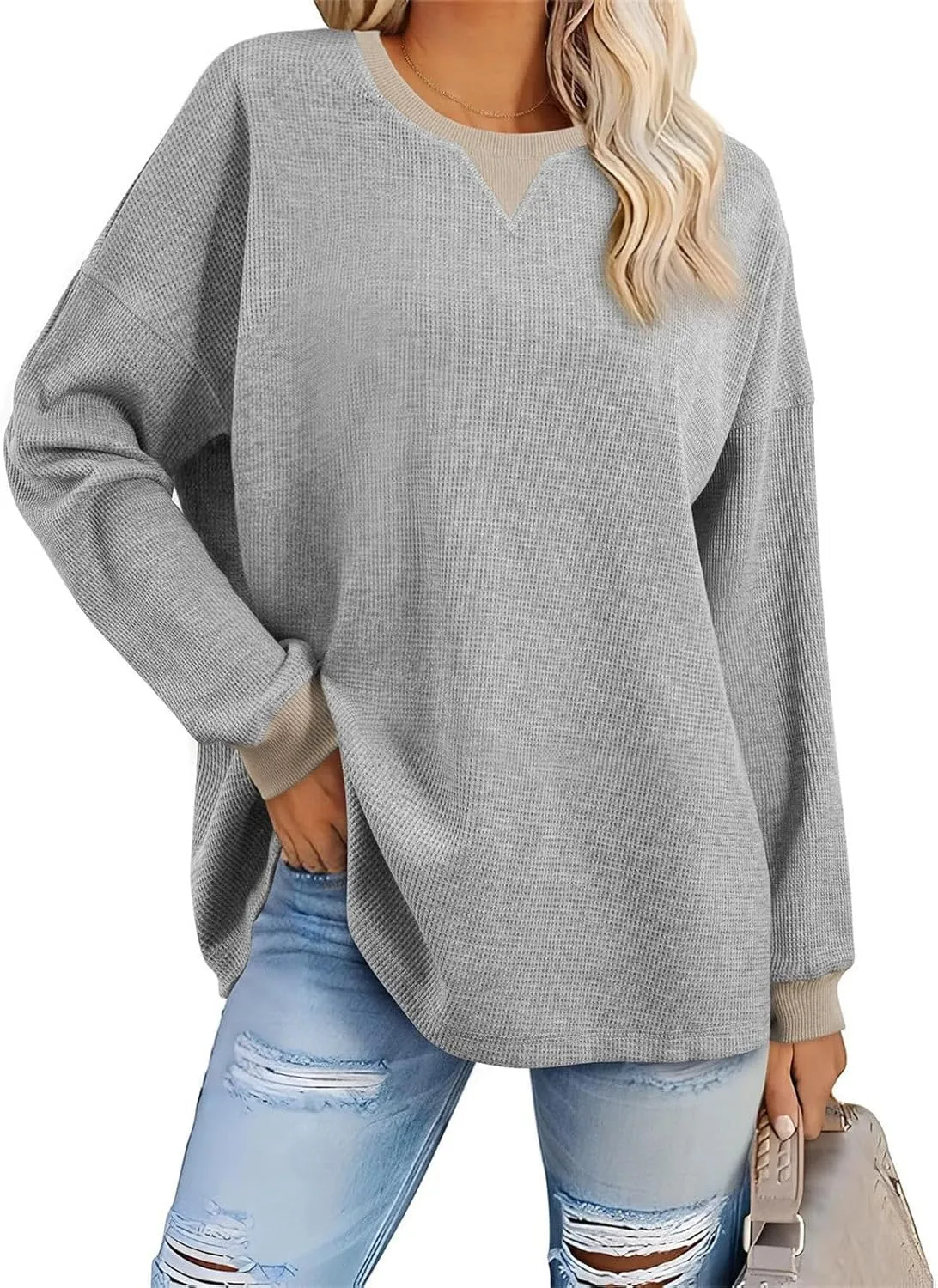 Womens Long Sleeve Crewneck Sweatshirt Trendy 2024 Casual Waffle Knit Pullover Tops Oversized Fall Sweatshirts