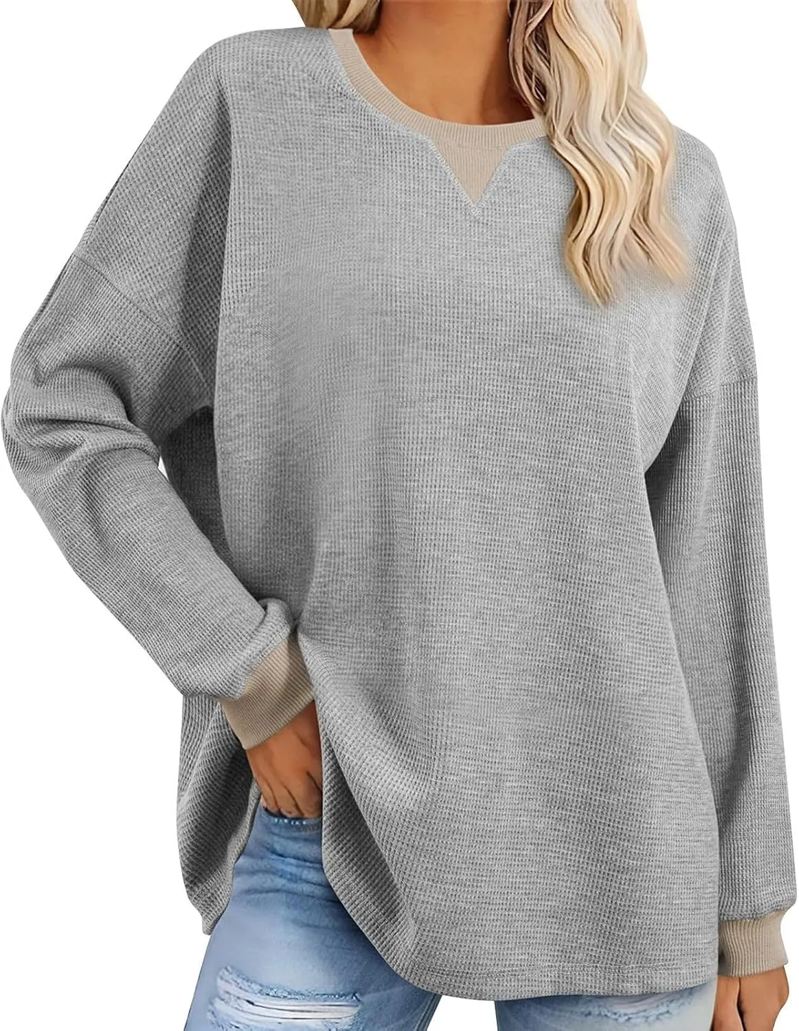 Womens Long Sleeve Crewneck Sweatshirt Trendy 2024 Casual Waffle Knit Pullover Tops Oversized Fall Sweatshirts