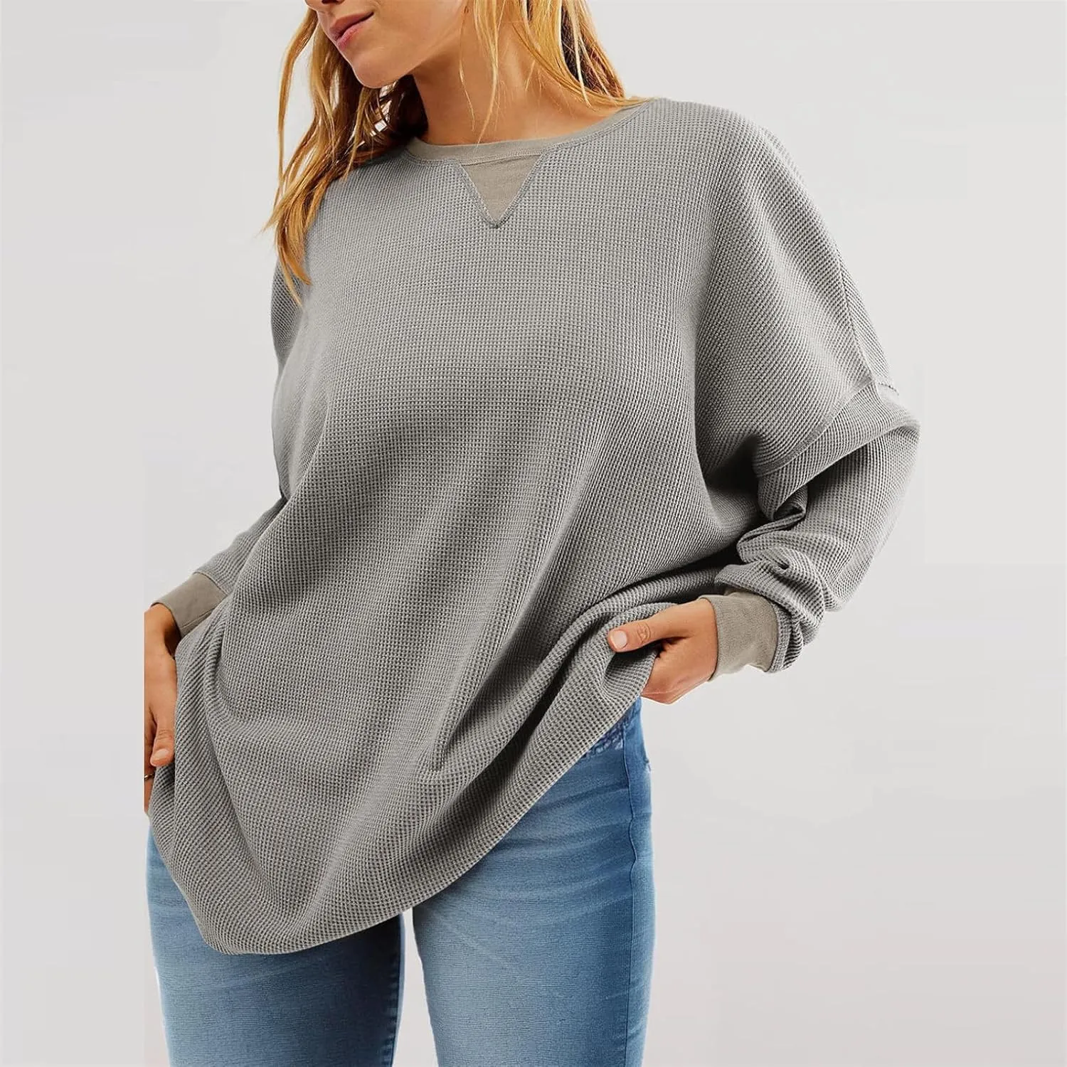 Womens Long Sleeve Crewneck Sweatshirt Trendy 2024 Casual Waffle Knit Pullover Tops Oversized Fall Sweatshirts