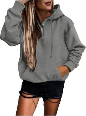 Women's Long Sleeve Oversized Pullover Solid Color Letter Print Hoodie Fall Winter Loose Sweatshirt with Pockets
