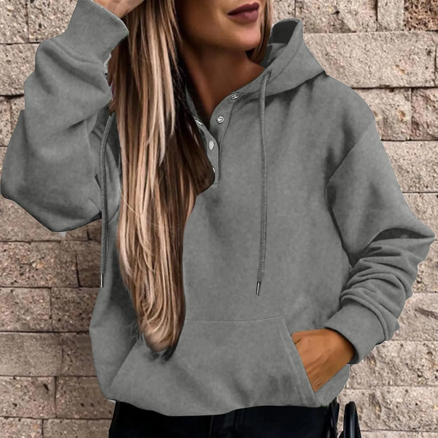 Women's Long Sleeve Oversized Pullover Solid Color Letter Print Hoodie Fall Winter Loose Sweatshirt with Pockets