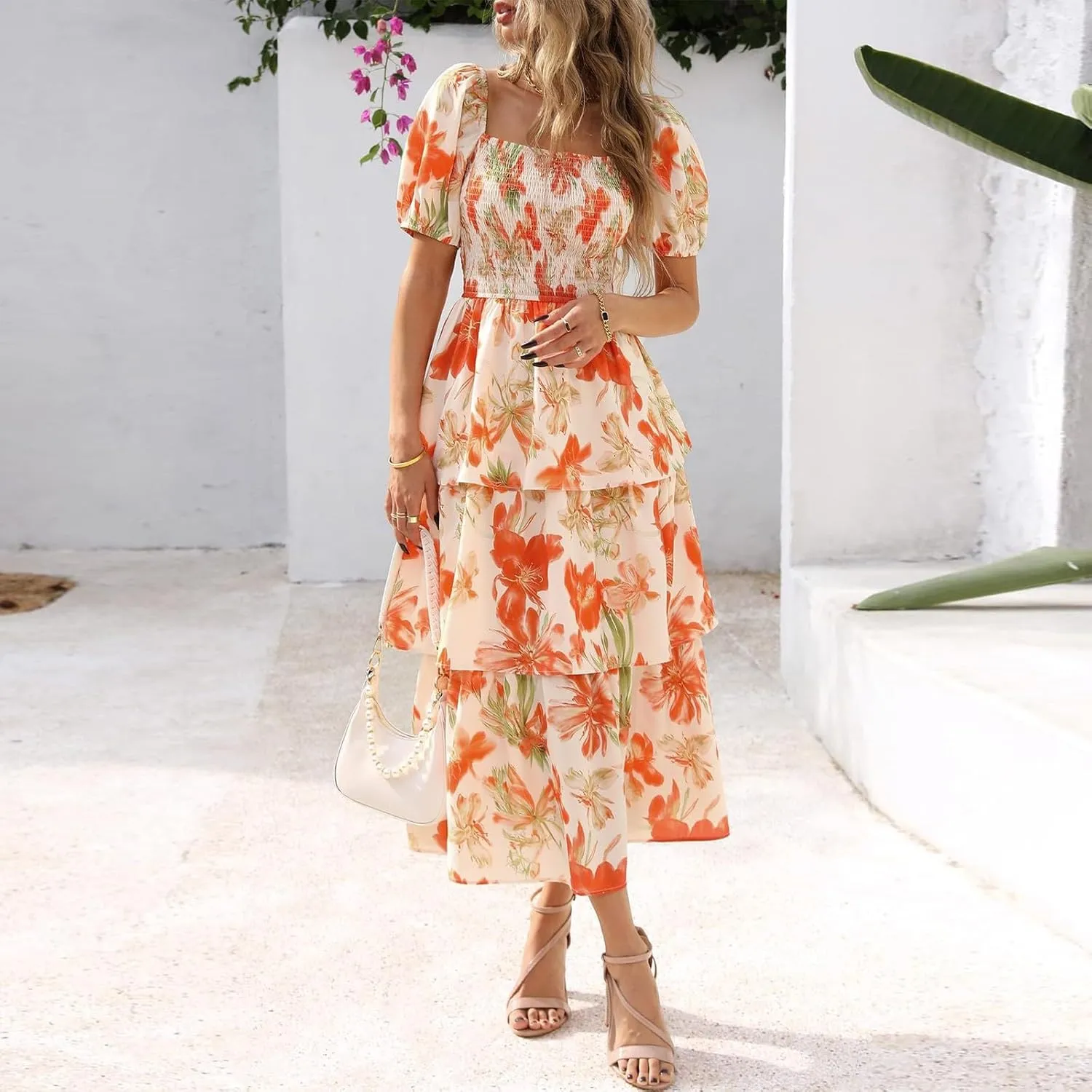 Womens Maxi Dresses Summer Square Neck Dressy Short Sleeve Trendy Beach Belted Long Dresses