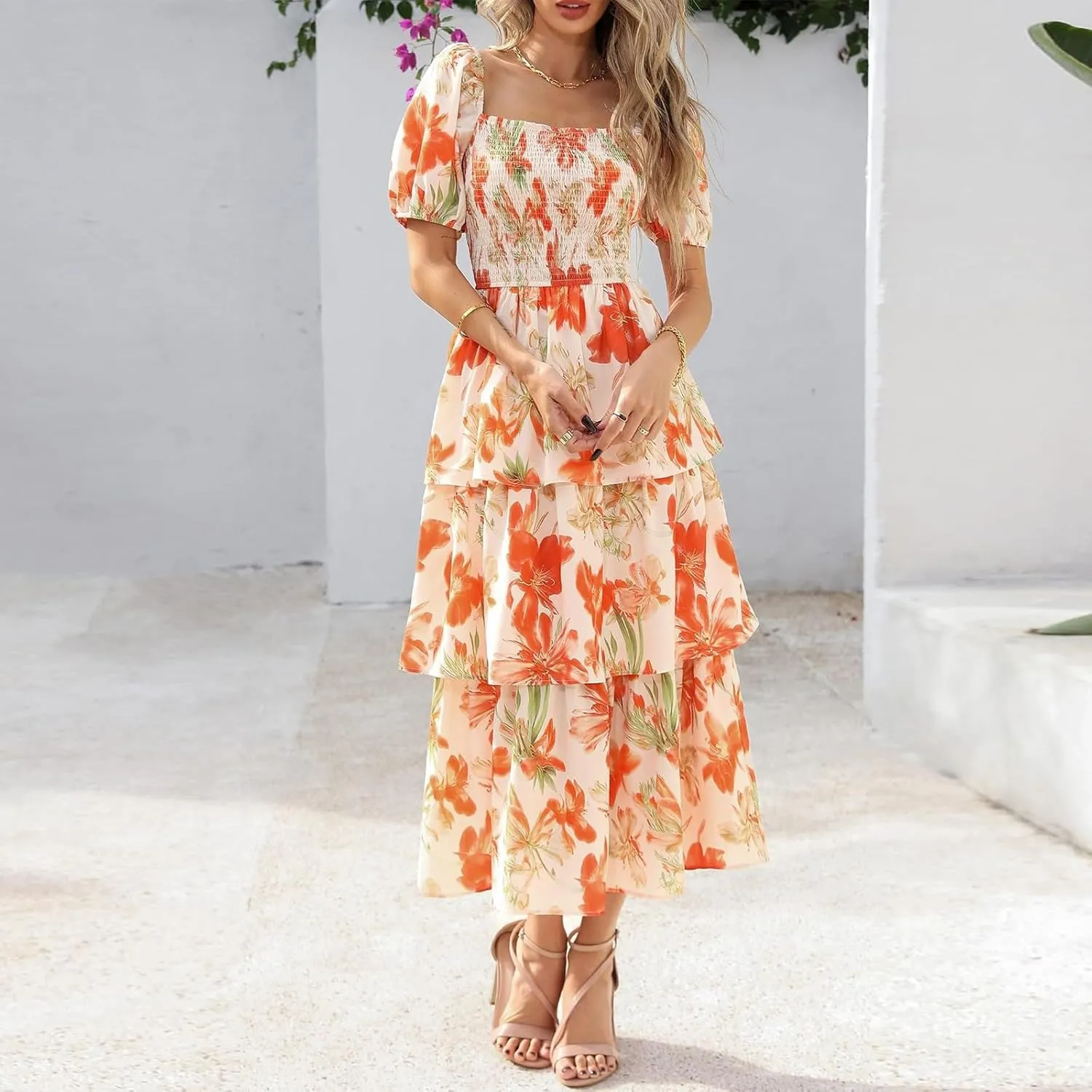Womens Maxi Dresses Summer Square Neck Dressy Short Sleeve Trendy Beach Belted Long Dresses