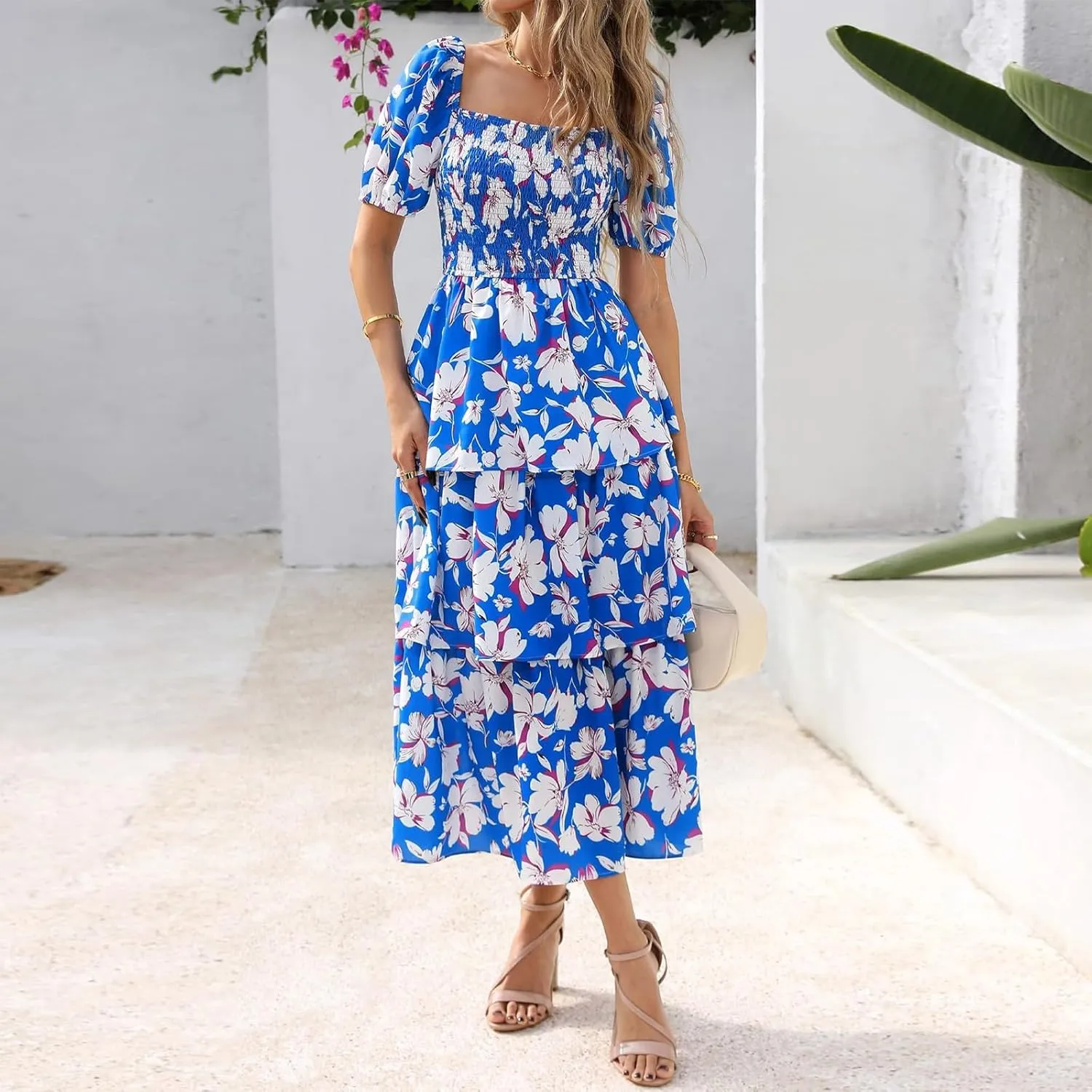 Womens Maxi Dresses Summer Square Neck Dressy Short Sleeve Trendy Beach Belted Long Dresses