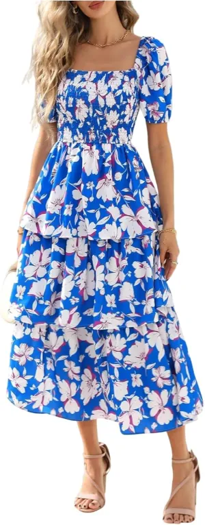 Womens Maxi Dresses Summer Square Neck Dressy Short Sleeve Trendy Beach Belted Long Dresses