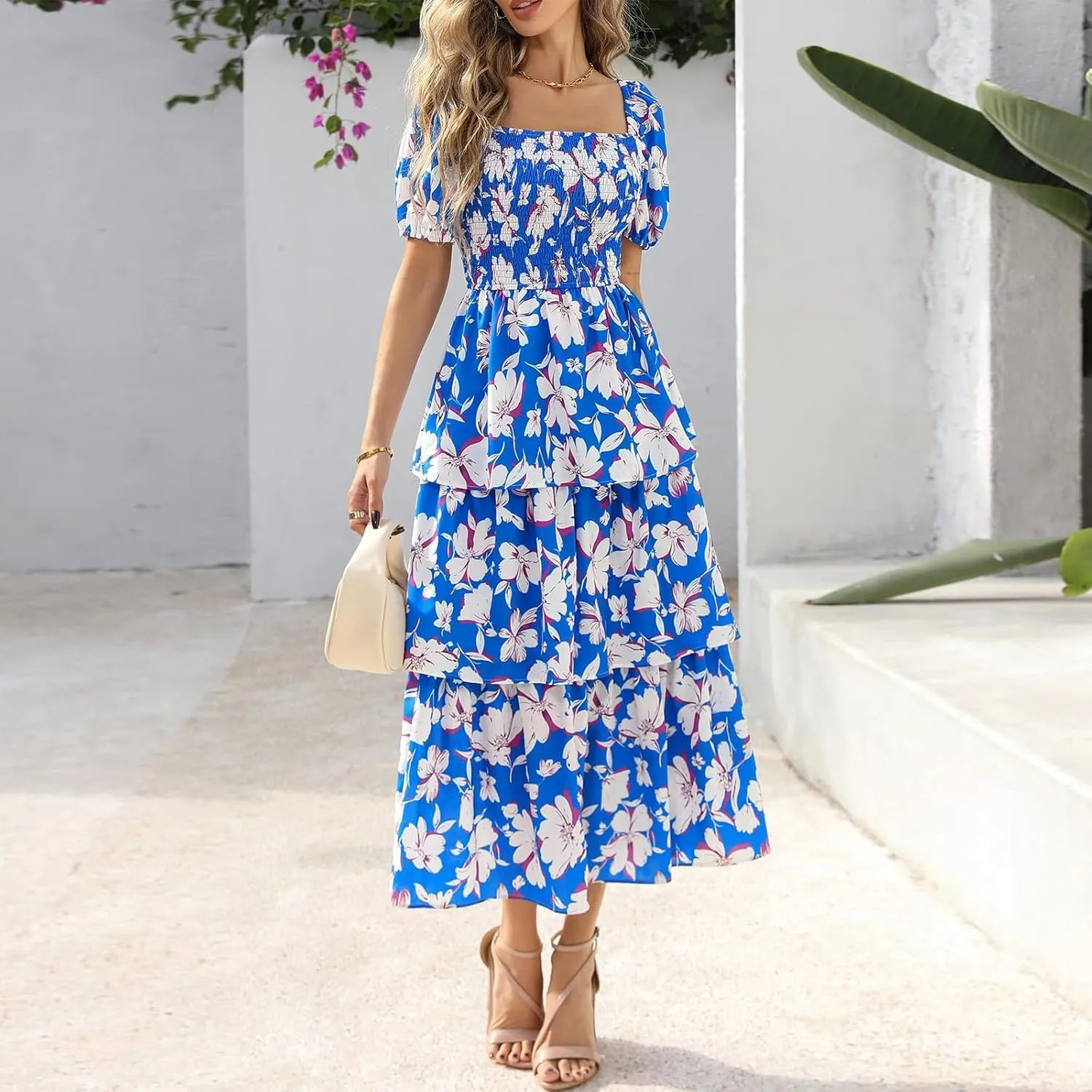 Womens Maxi Dresses Summer Square Neck Dressy Short Sleeve Trendy Beach Belted Long Dresses