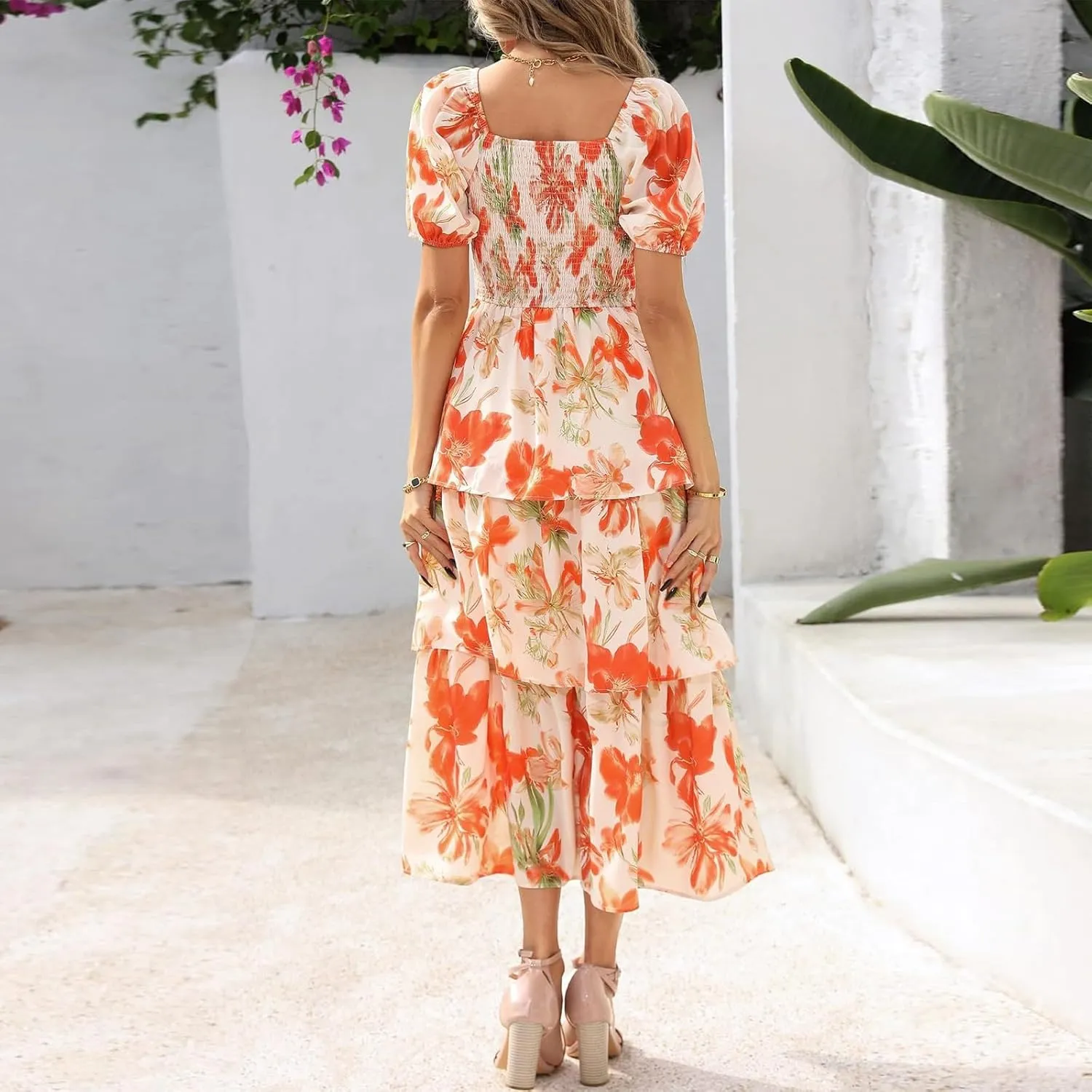 Womens Maxi Dresses Summer Square Neck Dressy Short Sleeve Trendy Beach Belted Long Dresses