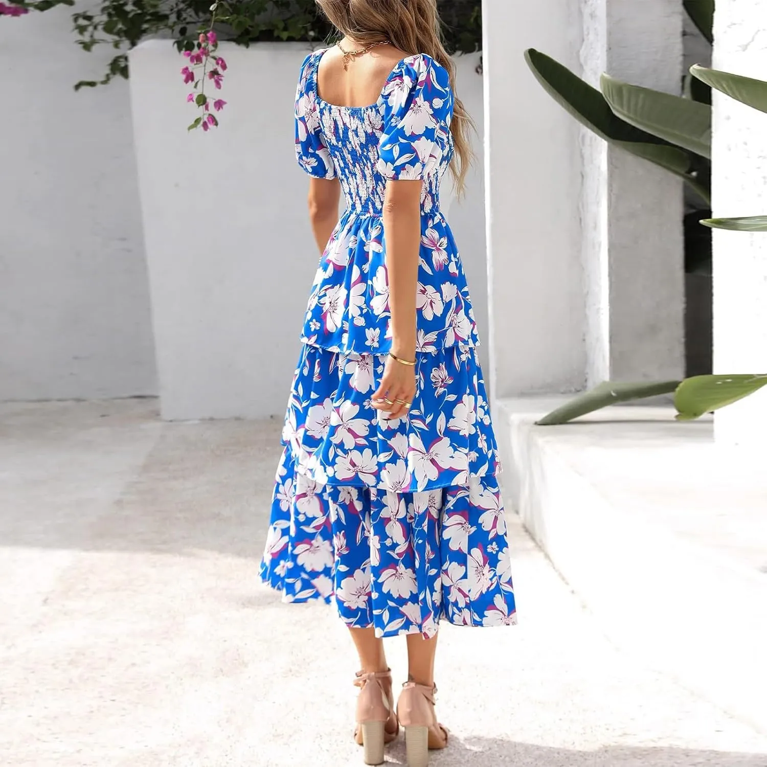 Womens Maxi Dresses Summer Square Neck Dressy Short Sleeve Trendy Beach Belted Long Dresses