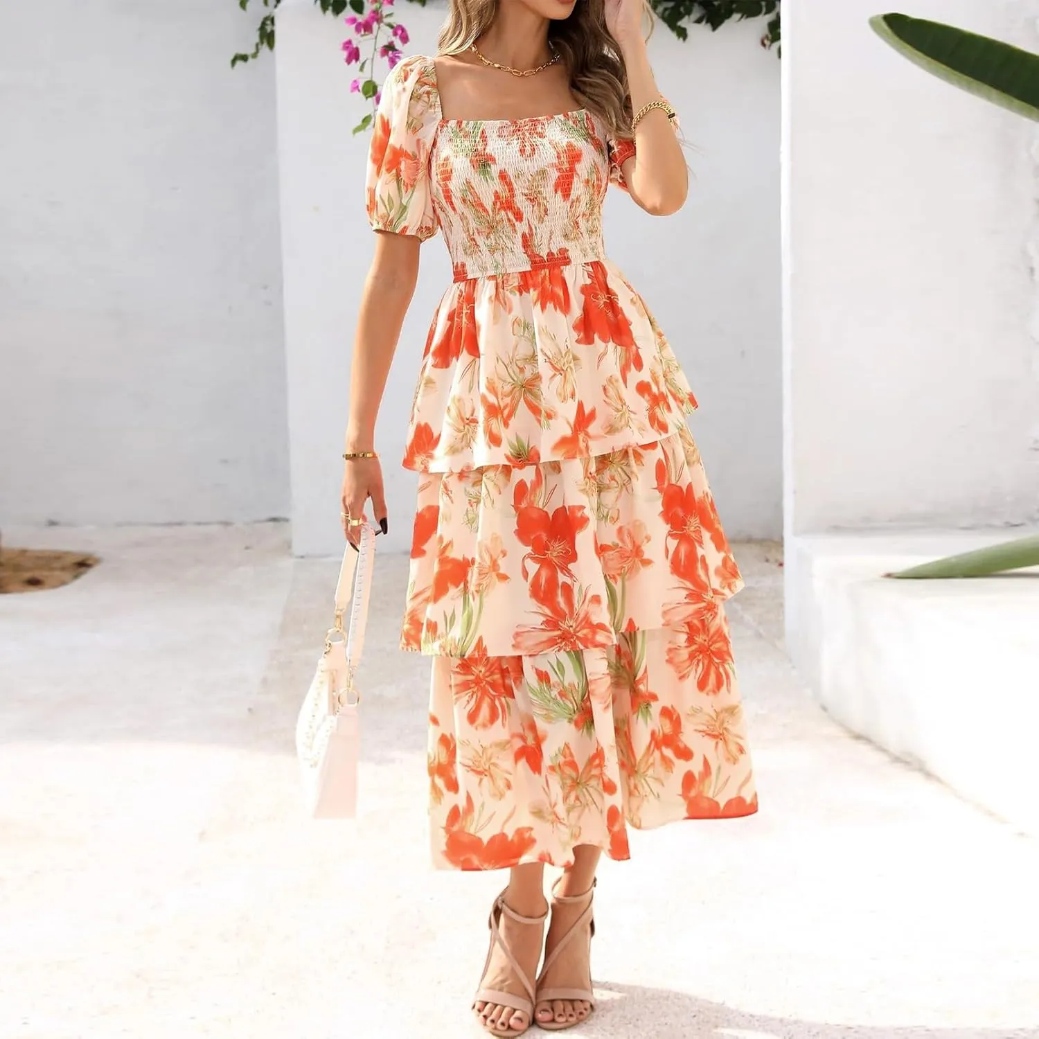 Womens Maxi Dresses Summer Square Neck Dressy Short Sleeve Trendy Beach Belted Long Dresses