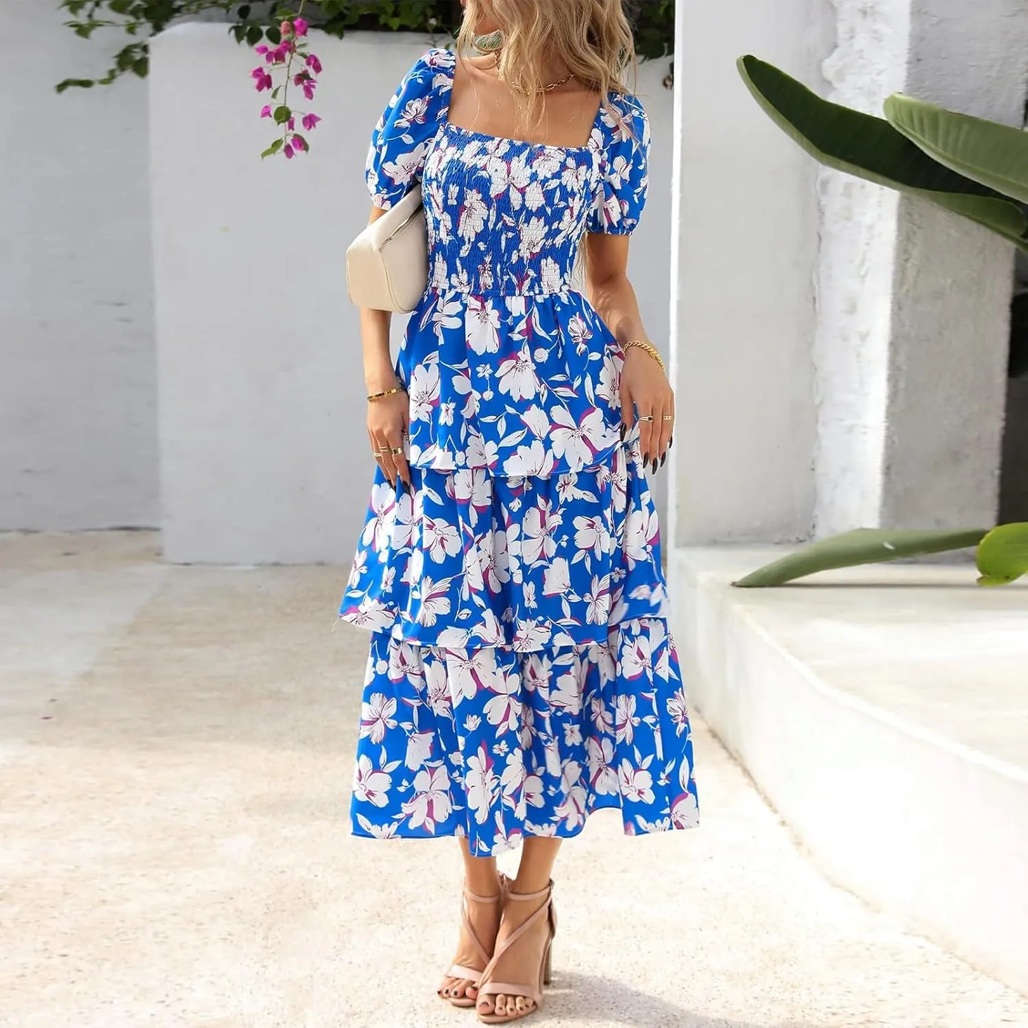 Womens Maxi Dresses Summer Square Neck Dressy Short Sleeve Trendy Beach Belted Long Dresses