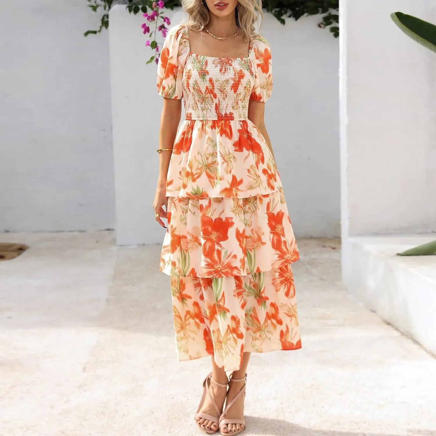 Womens Maxi Dresses Summer Square Neck Dressy Short Sleeve Trendy Beach Belted Long Dresses