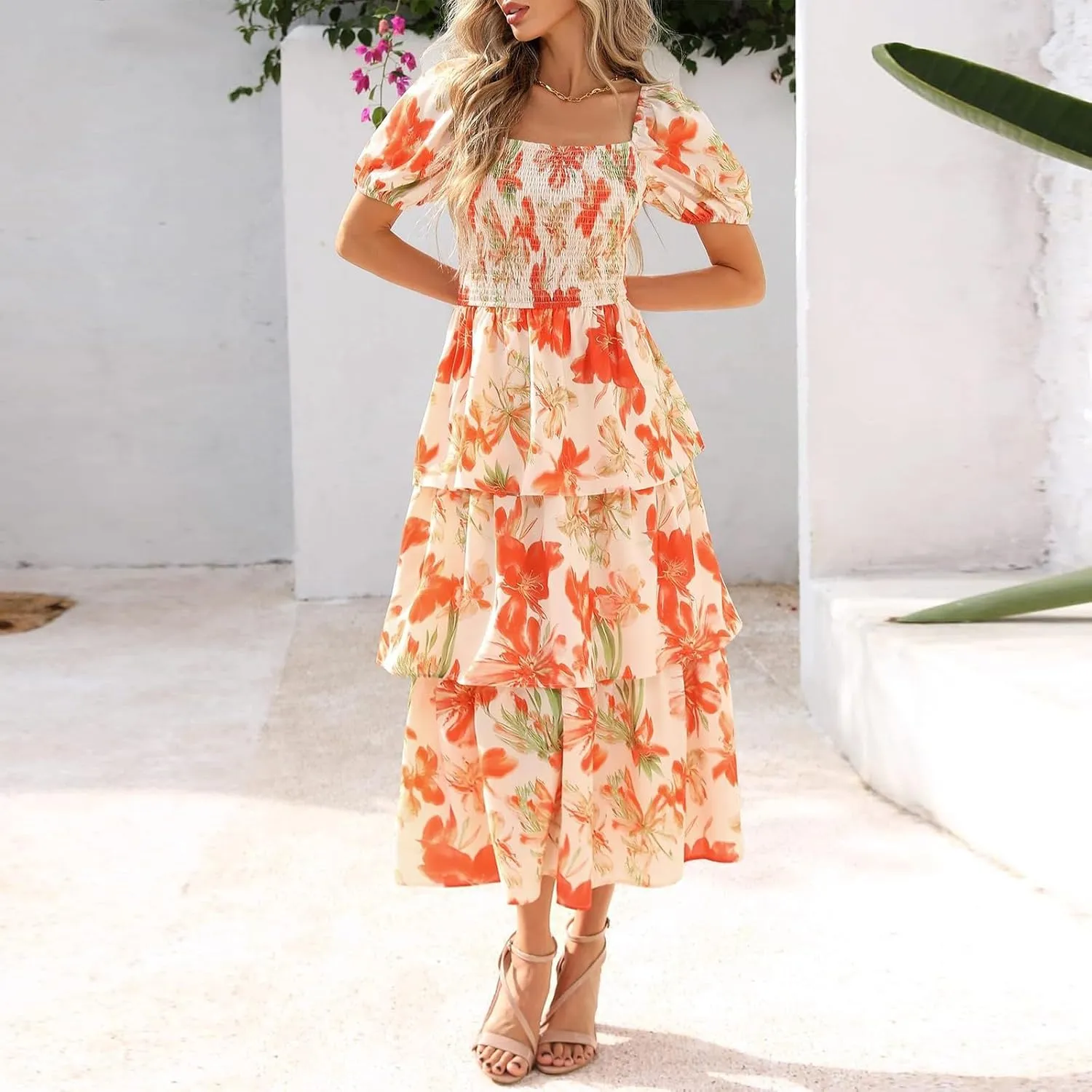 Womens Maxi Dresses Summer Square Neck Dressy Short Sleeve Trendy Beach Belted Long Dresses