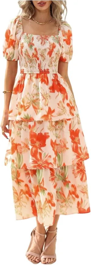 Womens Maxi Dresses Summer Square Neck Dressy Short Sleeve Trendy Beach Belted Long Dresses