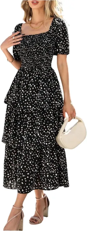 Womens Maxi Dresses Summer Square Neck Dressy Short Sleeve Trendy Beach Belted Long Dresses