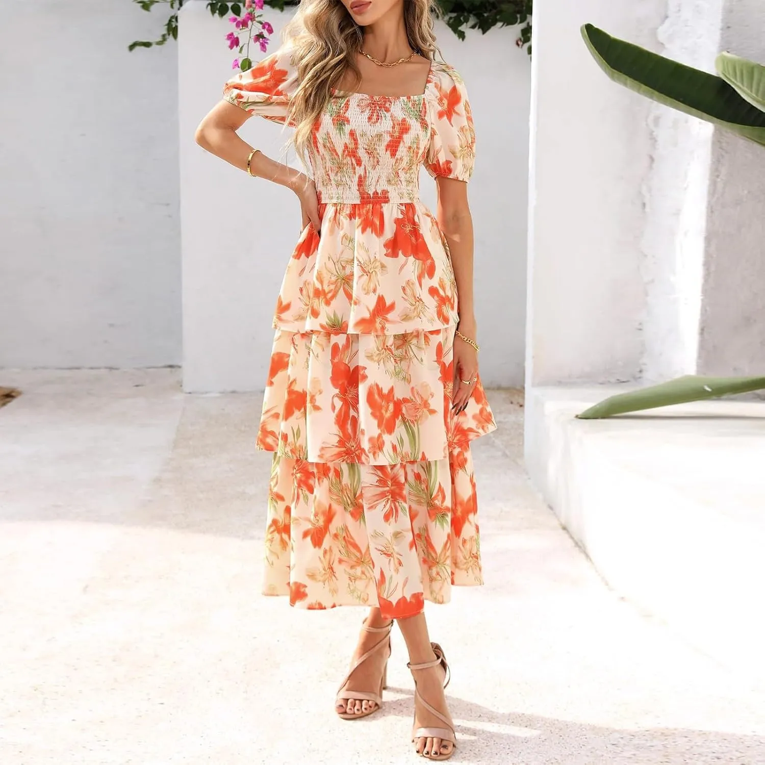 Womens Maxi Dresses Summer Square Neck Dressy Short Sleeve Trendy Beach Belted Long Dresses