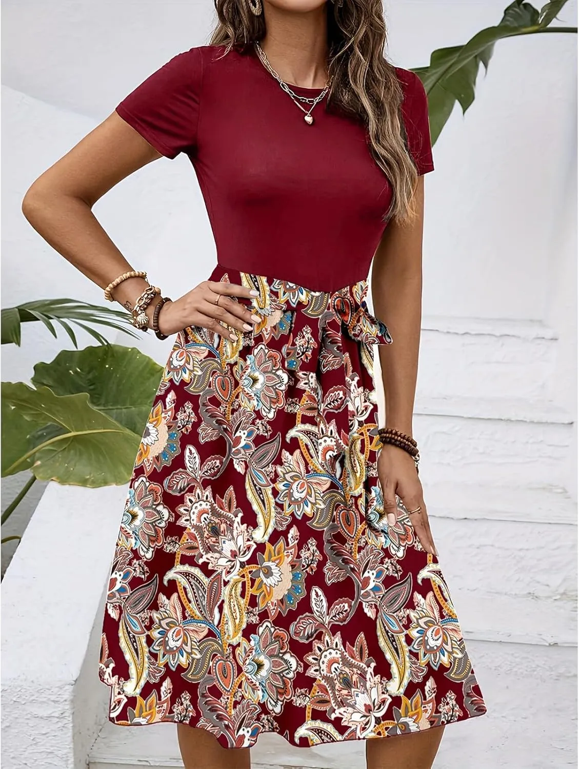 Womens Midi Dress Spring Summer Short Sleeve Petite Dresses 2025 Ladies Casual Plus Size Floral T-Shirt Flowy Beach Sundress