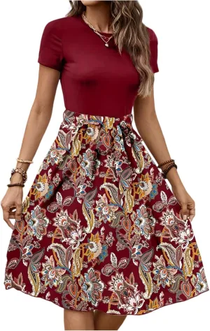 Womens Midi Dress Spring Summer Short Sleeve Petite Dresses 2025 Ladies Casual Plus Size Floral T-Shirt Flowy Beach Sundress