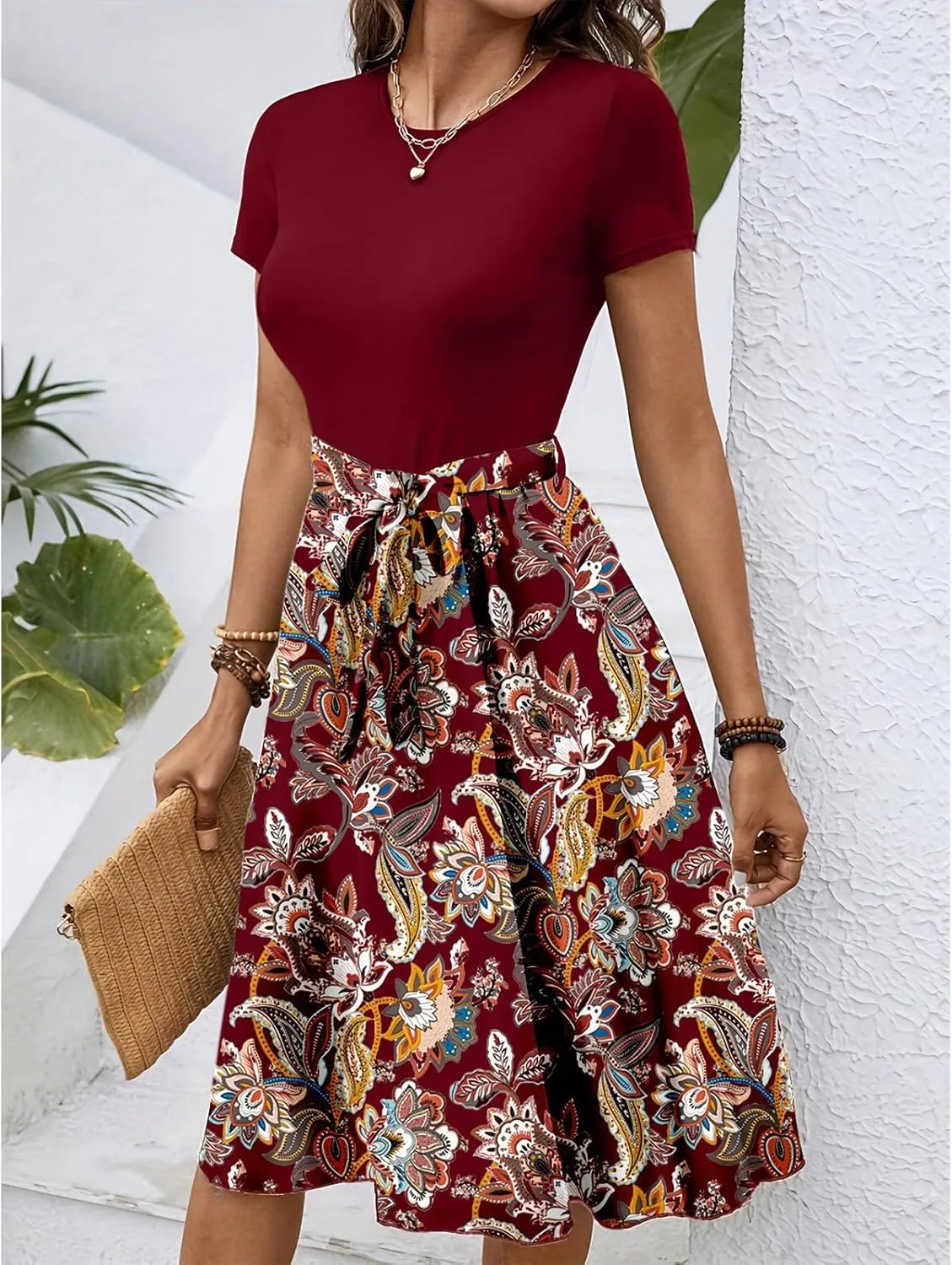 Womens Midi Dress Spring Summer Short Sleeve Petite Dresses 2025 Ladies Casual Plus Size Floral T-Shirt Flowy Beach Sundress