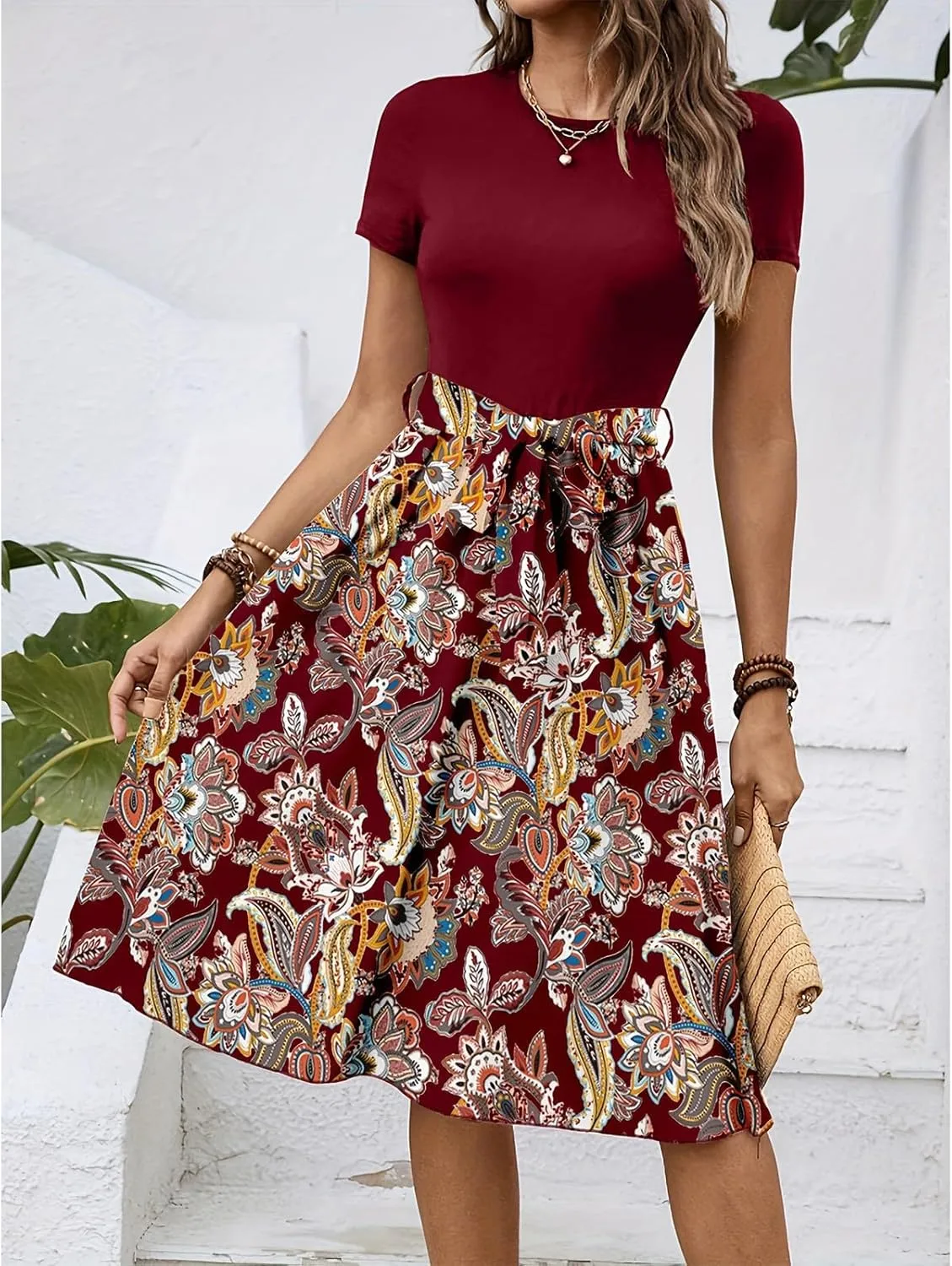 Womens Midi Dress Spring Summer Short Sleeve Petite Dresses 2025 Ladies Casual Plus Size Floral T-Shirt Flowy Beach Sundress