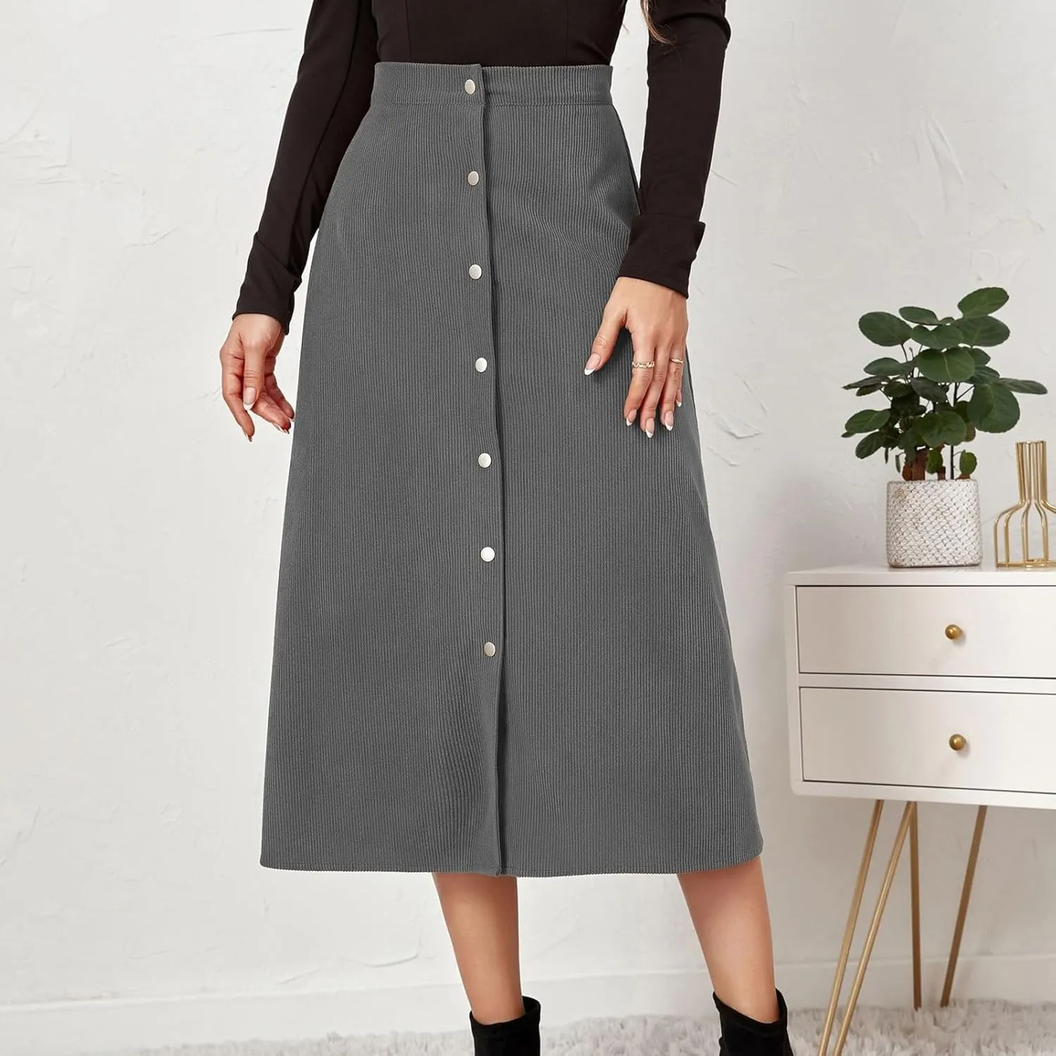Women's Mini/Mid-Length Corduroy Skirts Casual Fashion Skirts A-Line Button Down Work Outfits Wear with Shirts