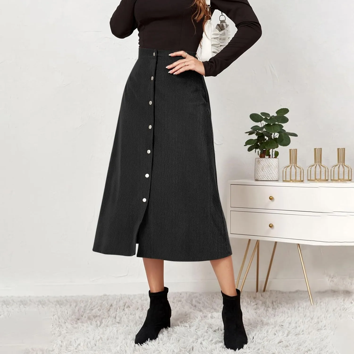 Women's Mini/Mid-Length Corduroy Skirts Casual Fashion Skirts A-Line Button Down Work Outfits Wear with Shirts