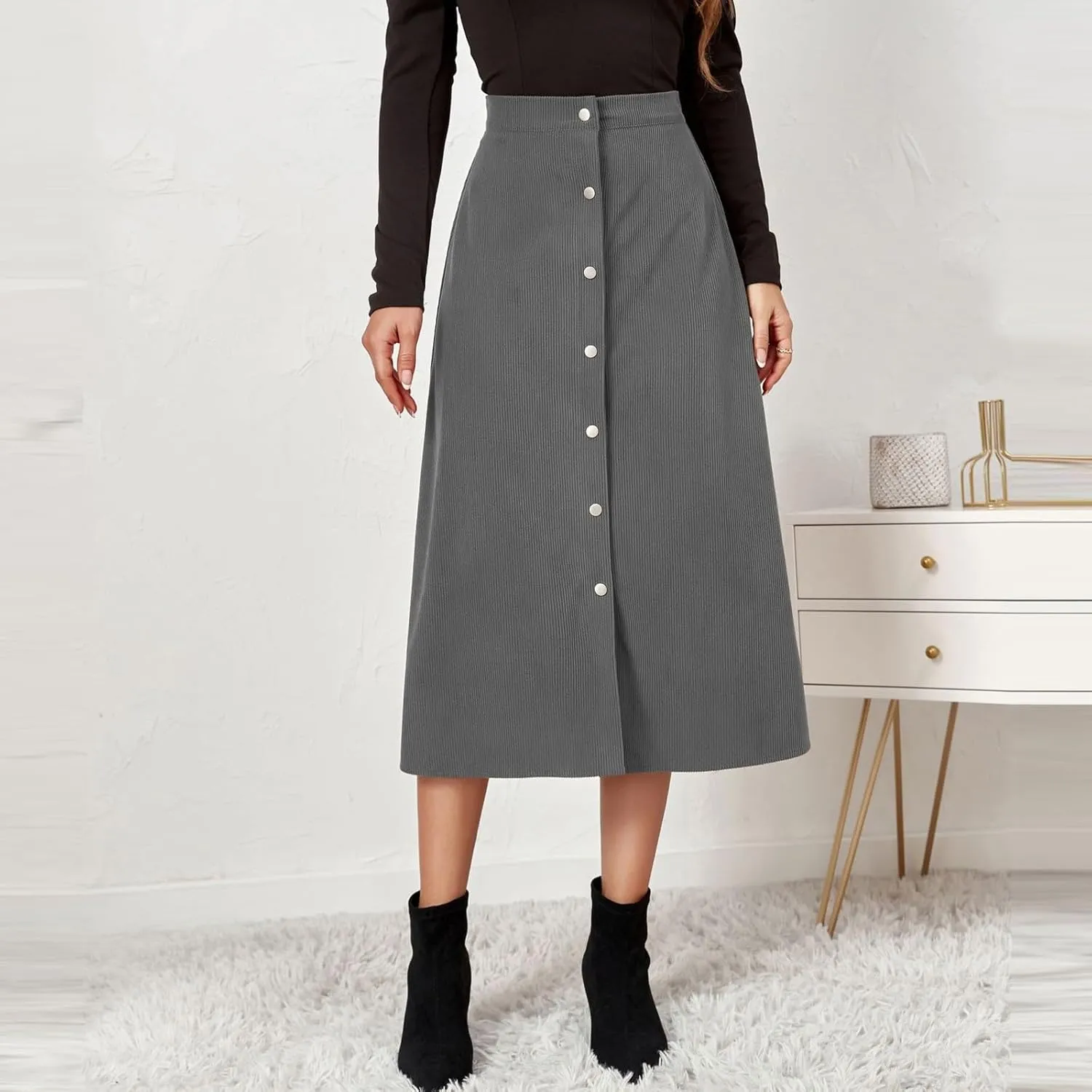Women's Mini/Mid-Length Corduroy Skirts Casual Fashion Skirts A-Line Button Down Work Outfits Wear with Shirts