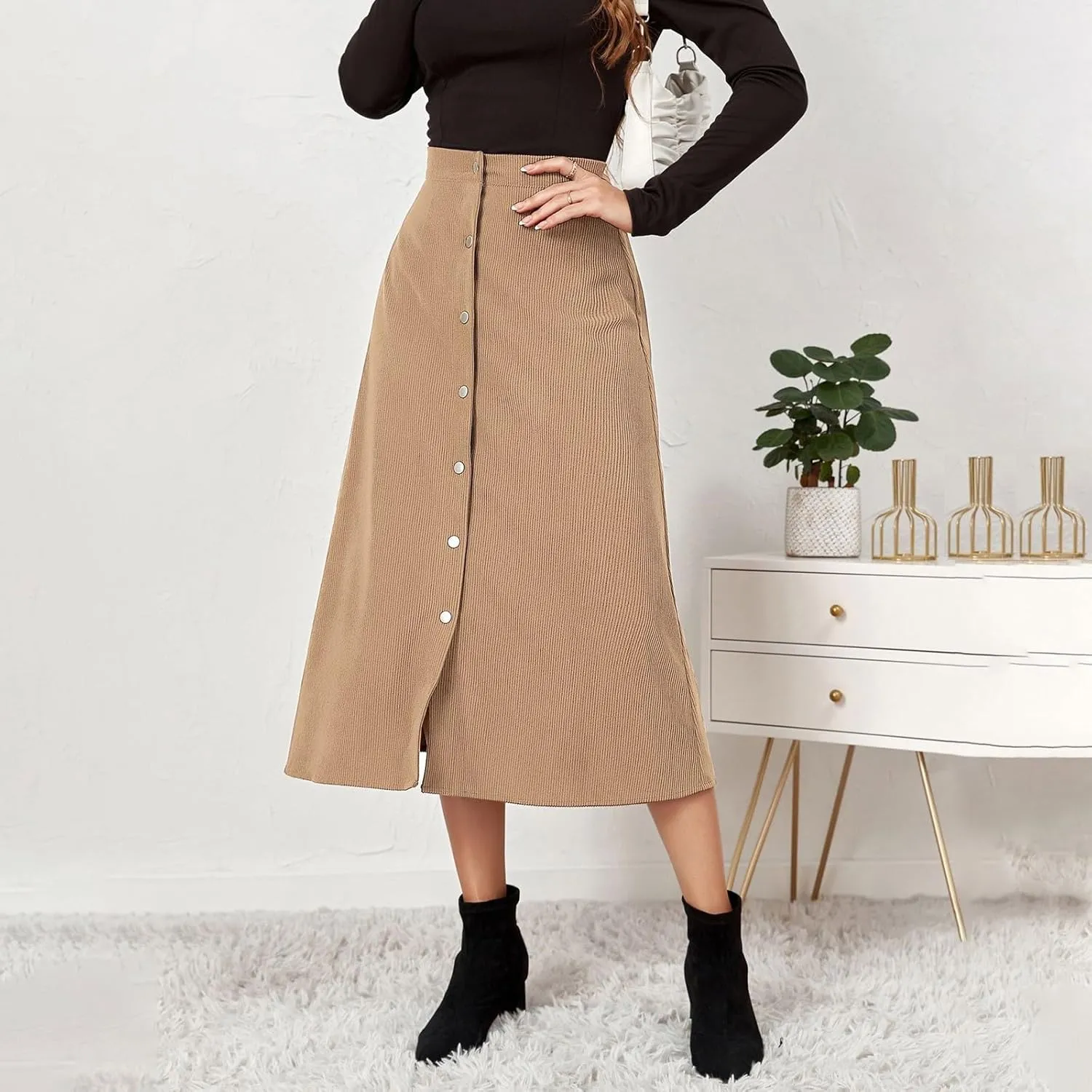Women's Mini/Mid-Length Corduroy Skirts Casual Fashion Skirts A-Line Button Down Work Outfits Wear with Shirts