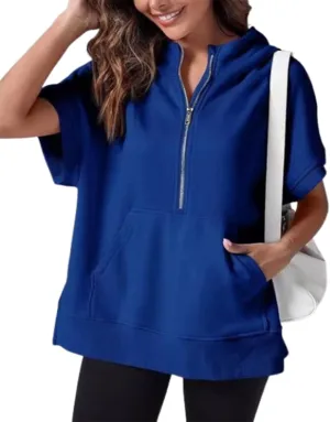 Womens Oversized Casual Half Zip Short Sleeve Hoodies With Pocket,Fashion Summer Sweatshirts Pullover with Zipper