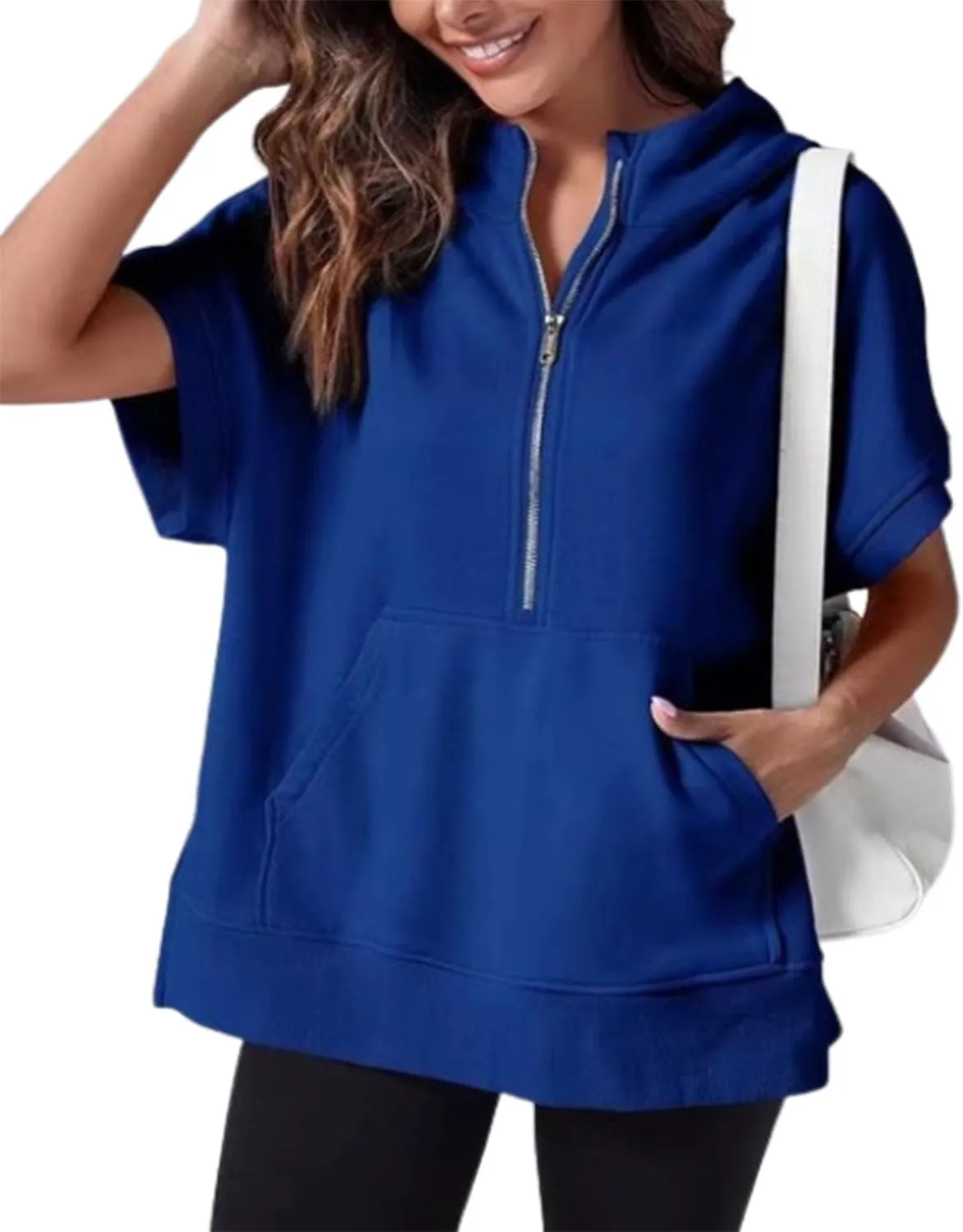 Womens Oversized Casual Half Zip Short Sleeve Hoodies With Pocket,Fashion Summer Sweatshirts Pullover with Zipper