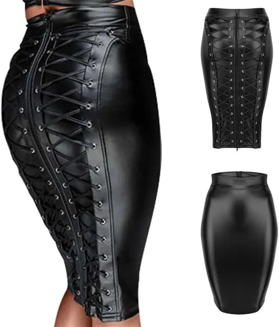 Women's Party Sexy Faux Leather Skirt Lace Up Zipper Bodycon Pencil Skirt High Waist Midi Package Hip Skirt
