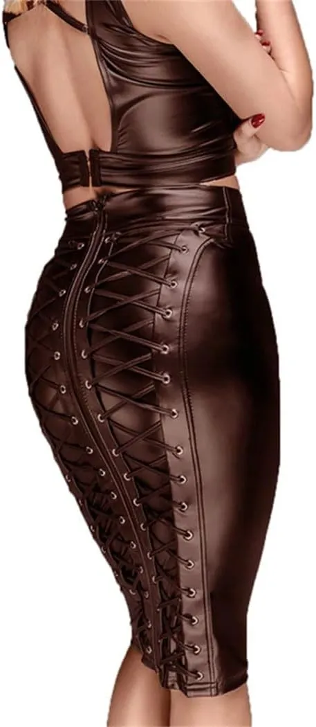 Women's Party Sexy Faux Leather Skirt Lace Up Zipper Bodycon Pencil Skirt High Waist Midi Package Hip Skirt