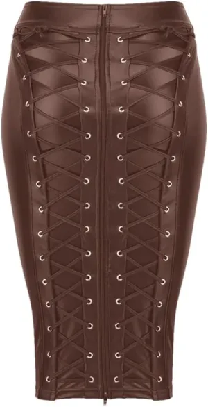Women's Party Sexy Faux Leather Skirt Lace Up Zipper Bodycon Pencil Skirt High Waist Midi Package Hip Skirt
