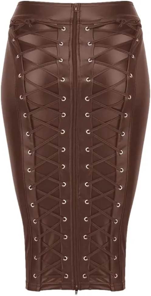 Women's Party Sexy Faux Leather Skirt Lace Up Zipper Bodycon Pencil Skirt High Waist Midi Package Hip Skirt