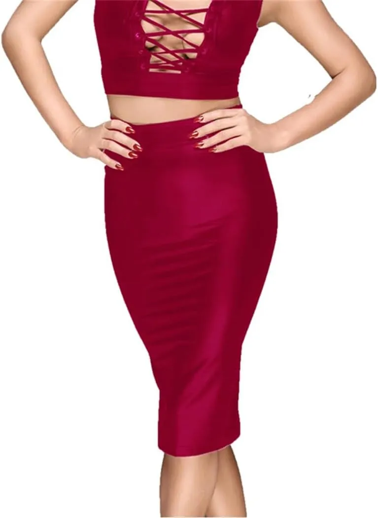 Women's Party Sexy Faux Leather Skirt Lace Up Zipper Bodycon Pencil Skirt High Waist Midi Package Hip Skirt