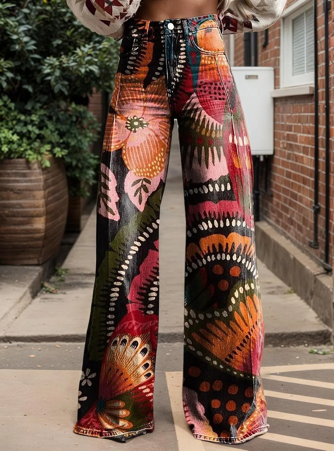 Womens Petite Flare Jeans Wide Leg Baggy Print Pants Vintage Boho Floral Low Waisted Straight Trousers with Pocket