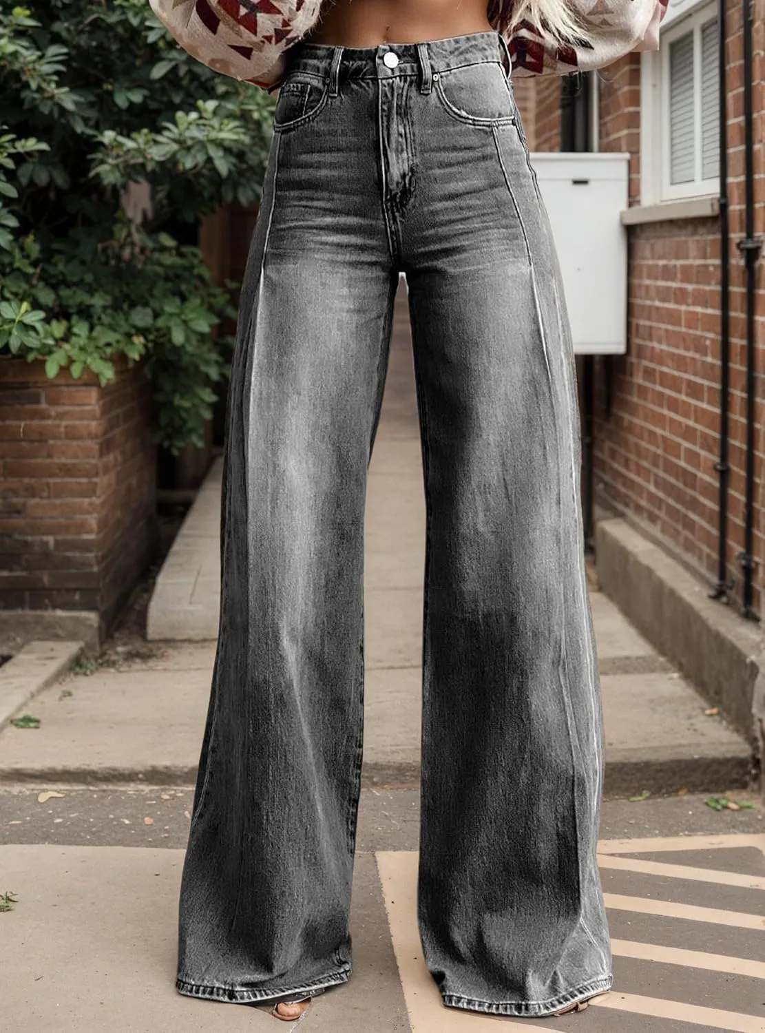 Womens Petite Flare Jeans Wide Leg Baggy Print Pants Vintage Boho Floral Low Waisted Straight Trousers with Pocket